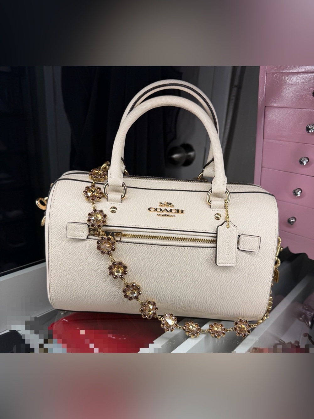 Coach Cream Leather Mini Satchel with Jeweled Floral Strap